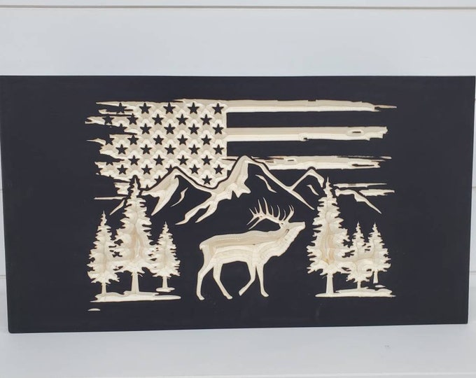 American Flag elk with mountain scene handgun storage concealment safe cabinet engraved furniture 19