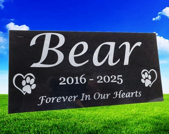 Memorial Stone with Hearts and Paws: Custom Black Granite Headstone - Pet Remembrance Monument t19