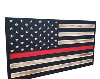 Firefighter Thin Red Line Hidden Gun Storage | Engraved American Flag Concealment Cabinet | Handgun Safe | Secret Firearm Compartment