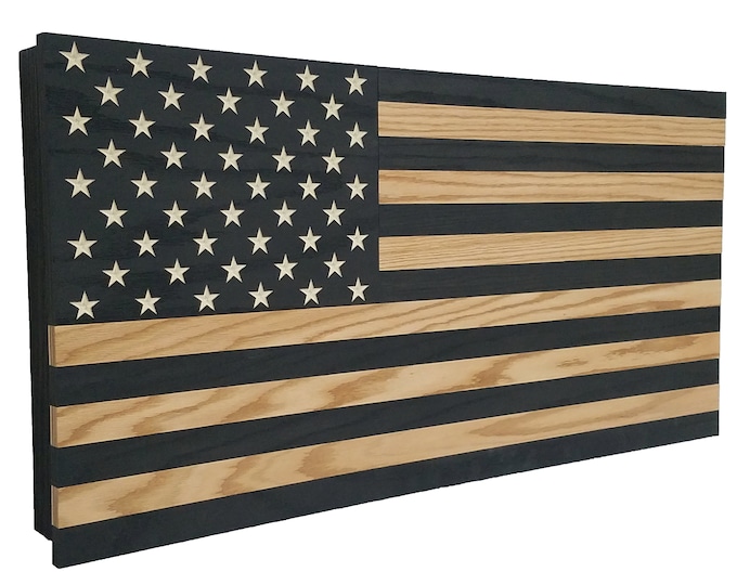 36" Oak Dark Rustic Black American Flag with Blonde Accent Gun Concealment Cabinet Lockable Hidden Gun Storage Discreet AK AR tactical case