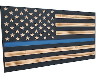 19" Thin Blue Line Black American Flag with Burnt accents handgun concealment cabinet secret hidden concealed gun firearm storage safe