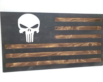 Punisher Skull Dark Rustic Hidden Gun Storage Safe Mini American Flag Concealment Box with Soft Close Door