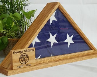 Veteran Military Memorial Burial Salute United States Flag Oak Viewing Case with Engraved Name Plaque