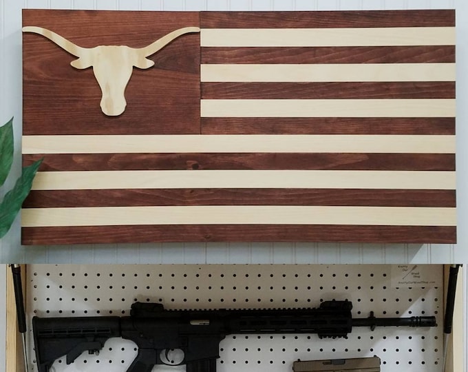 Gun Concealment Cabinet , Lockable Hidden Gun Storage , Texas Longhorn American Flag
