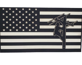 19" Linesman Engraved American Flag Gun Concealment Wall Cabinet Discreet Hidden Handgun Concealed Firearm Storage Safe Line Worker