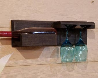 Nice Custom made wall mount wine bottle and glass holder storage orginize rack organizer floating shelf solid poplar hardwood in Ebony color