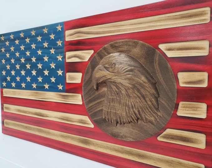 Engraved wooden American US Flag rustic 3d eagle coin decoration