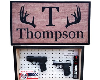 Hidden Gun Storage | Concealment Cabinet Family Name and Deer Antlers | Handgun and Pistol Wall Safe | Secret Firearm Compartment Case