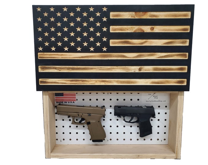 American Flag Black and Burnt handgun concealment cabinet hidden pistol furniture concealed gun firearm storage hinged flip up door 19 inch