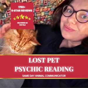 May include: A digital graphic for a lost pet psychic reading service featuring a person with glasses and an orange cat. The text reads 1750+ 5-STAR REVIEWS DELIVERED AS PDF FILE, LOST PET PSYCHIC READING, and SAME DAY ANIMAL COMMUNICATOR.