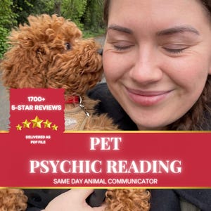 May include: A red graphic overlay with white text reading PET PSYCHIC READING, SAME DAY ANIMAL COMMUNICATOR, and 1700+ 5-STAR REVIEWS DELIVERED AS PDF FILE, featuring five yellow stars, superimposed over a person holding a curly brown dog.