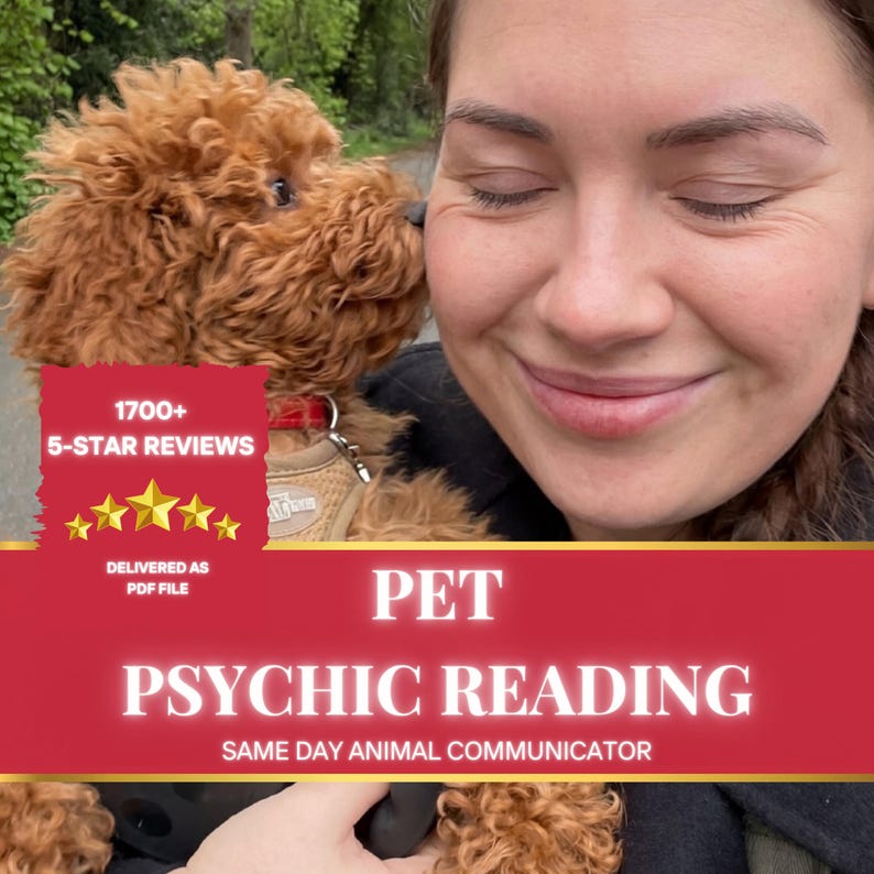 May include: A red graphic overlay with white text reading PET PSYCHIC READING, SAME DAY ANIMAL COMMUNICATOR, and 1700+ 5-STAR REVIEWS DELIVERED AS PDF FILE, featuring five yellow stars, superimposed over a person holding a curly brown dog.