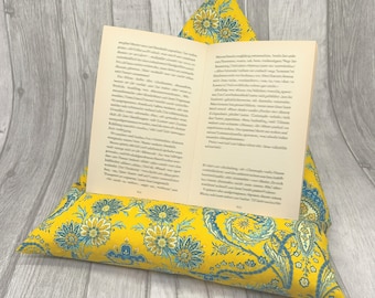 special reading pillow, yellow blue tablet pillow, special bookend, gift idea for bookworms, back-friendly