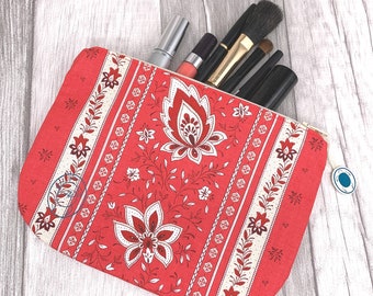 Flat floral cosmetic bag, floral pouch, medicine storage red, birthday gifts for women, rose red bag