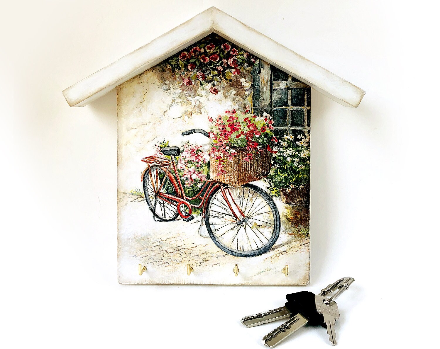 Floral bike key holder for wall Wooden entryway key hanger Etsy
