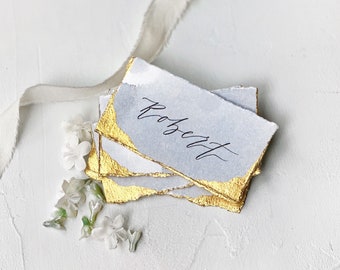 Hand Dyed Place Cards. Dusty Blue and Gold Wedding Escort Cards. Deckled Fine Art Calligraphy Name Cards.