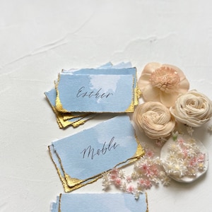 Wedding Place Cards, Name Cards Wedding, Place Cards Wedding, Wedding Name Cards, Blue Name Place Cards, Blue and Gold, Dusty Blue Wedding