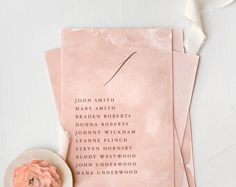 Hand Dyed Seating Chart Cards. Blush Pink Wedding Seating Plan. Fine Art Calligraphy Signage.