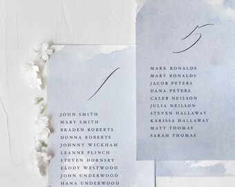 Hand Dyed Seating Chart Cards. Dusty Blue Wedding Seating Plan. Fine Art Calligraphy Signage.