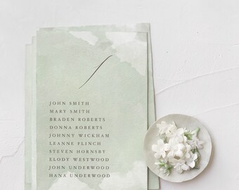 Hand Dyed Seating Chart Cards. Sage Green Wedding Seating Plan. Fine Art Calligraphy Signage.