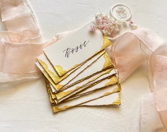 Old Money Heritage Wedding Place Cards, Gold Deckle Edge Paper, Custom Luxury Calligraphy Escort Cards, Timeless Elegant Wedding Name Cards