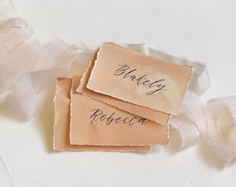 Wedding Place Cards, Name Cards Wedding, Place Cards Wedding, Wedding Name Cards, Name Place Cards, Terracotta Wedding, Deckled Edge Paper