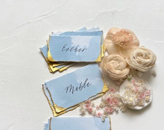 Wedding Place Cards, Name Cards Wedding, Place Cards Wedding, Wedding Name Cards, Blue Name Place Cards, Blue and Gold, Dusty Blue Wedding