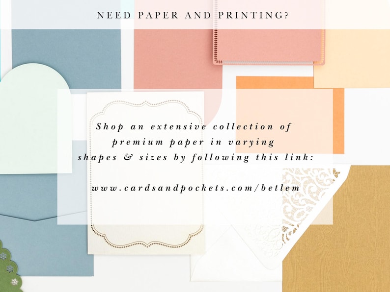 Pode incluir: Um cart&atilde;o branco com uma borda dourada e o texto "Shop an extensive collection of premium paper in varying shapes & sizes by following this link: www.cardsandpockets.com/betlem" em um fundo branco com v&aacute;rias amostras de papel colorido.