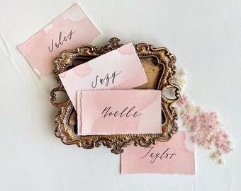 Wedding Place Cards, Name Cards Wedding, Place Cards Wedding, Wedding Name Cards, Name Place Cards, Pink Place Cards, Deckled Edge Paper