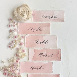 Wedding Place Cards, Name Cards Wedding, Place Cards Wedding, Wedding Name Cards, Name Place Cards, Pink Place Cards, Deckled Edge Paper