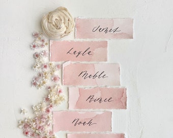 Wedding Place Cards, Name Cards Wedding, Place Cards Wedding, Wedding Name Cards, Name Place Cards, Pink Place Cards, Deckled Edge Paper