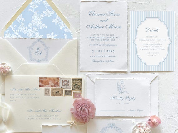 French Blue Toile Wedding Invitation Suite, Blue Chinoiserie Invite Bundle, Editable Canva Wedding Invite Template, Digital Invite Template