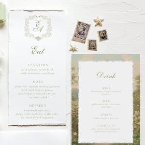 Wedding Garden Menu, Dinner and Bar Menu Bundle, Editable Canva Menu Template, Wedding Crest Menu, 5x7 and 4x9 Menu, Main Menu, Drinks Menu