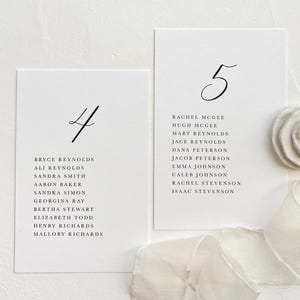 May include: Two white cards with black calligraphy numbers 4 and 5. Each card lists a group of names for a wedding reception seating chart.
