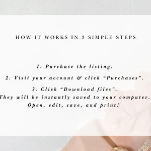 Pode incluir: Uma caixa de texto branca com texto preto que explica como baixar arquivos digitais ap&oacute;s comprar uma listagem no Etsy. O texto diz: "COMO FUNCIONA EM 3 PASSOS SIMPLES 1. Compre a listagem. 2. Visite sua conta e clique em "Compras". 3. Clique em "Baixar arquivos". Eles ser&atilde;o salvos instantaneamente no seu computador. Abra, edite, salve e imprima!"