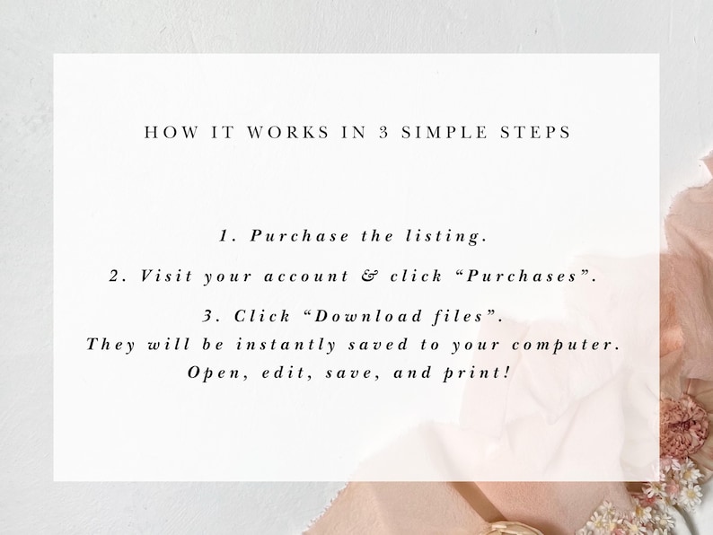May include: A white card with black text explaining how to download digital files after purchasing a listing. The text reads: "HOW IT WORKS IN 3 SIMPLE STEPS 1. Purchase the listing. 2. Visit your account & click "Purchases". 3. Click "Download files". They will be instantly saved to your computer. Open, edit, save, and print!"