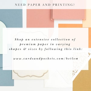 May include: A white card with text that reads "NEED PAPER AND PRINTING? Shop an extensive collection of premium paper in varying shapes & sizes by following this link: www.cardsandpockets.com/betlem". The card is surrounded by various colored paper samples.