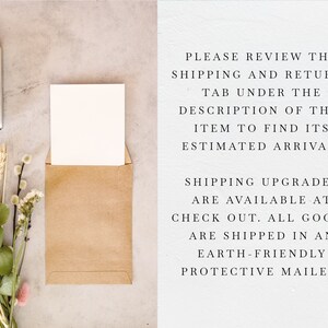 May include: A brown paper envelope with a white card inside. The envelope is sitting on a table with a vintage camera and flowers. The text on the right side of the image reads: "PLEASE REVIEW THE SHIPPING AND RETURNS TAB UNDER THE DESCRIPTION OF THIS ITEM TO FIND ITS ESTIMATED ARRIVAL. SHIPPING UPGRADES ARE AVAILABLE AT CHECK OUT. ALL GOODS ARE SHIPPED IN AN EARTH-FRIENDLY PROTECTIVE MAILER."