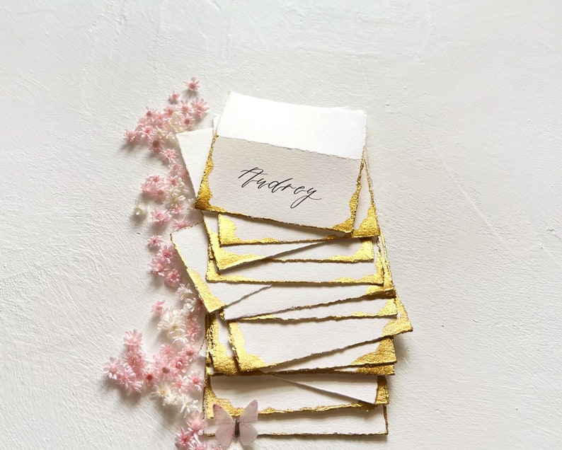 Tented Place Cards, Wedding Place Cards, Wedding Name Cards, Name Cards Wedding, Name Place Cards, Place Cards Wedding, Hand Torn, Gold Foil image 1