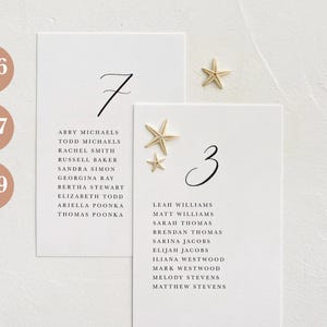 May include: Two white cards with black calligraphy numbers 7 and 3, with gold starfish accents. The cards list names for a wedding reception seating chart.