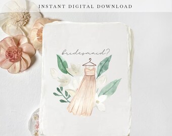 Bridesmaid Proposal Card. Will You Be My Bridesmaid PDF Card. Printable Watercolor Dress Card. Bridesmaid Dress Card. Cute Digital Download.