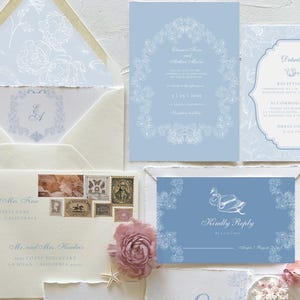 Floral Dusty Blue Wedding Invitation Bundle, Hand Drawn Wedding Invite Suite, French Blue Wedding Invite with RSVP, Editable Canva Template