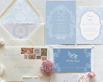 Floral Dusty Blue Wedding Invitation Bundle, Hand Drawn Wedding Invite Suite, French Blue Wedding Invite with RSVP, Editable Canva Template