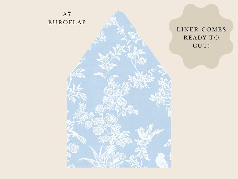 Pode incluir: Um envelope A7 Euroflap com fundo azul claro e um padr&atilde;o floral branco. O forro vem pronto para cortar.