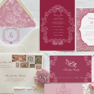Floral Burgundy Wedding Invitation Bundle, Wine Red Hand Drawn Wedding Invite Suite, Rose Wedding Invite with RSVP, Editable Canva Template