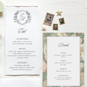 Wedding Menu Bundle, Wedding Dinner and Bar Menu, Editable Canva Menu Template, Wedding Crest Menu, 5x7 and 4x9 Menu, Main Menu, Drinks Menu