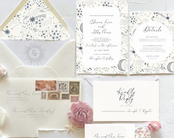 Celestial Wedding Invitation Bundle, Hand Drawn Moon and Stars Wedding Invite Suite, Cosmic Wedding Invite and RSVP, Editable Canva Template