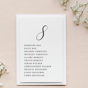 May include: A white card with a black cursive letter 'S' at the top and a list of names in black text below. The names are Dorothy Rae, Felix Rae, Frankie Christen, Michael Christen, Claire Borgen, Travis Borgen, Sarah Walker, Christopher Walker, Francie Richards, Jason Richards, and Chris Reynolds.