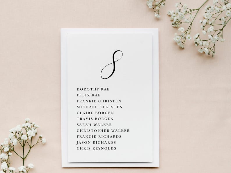 May include: A white card with a black cursive letter 'S' at the top and a list of names in black text below. The names are Dorothy Rae, Felix Rae, Frankie Christen, Michael Christen, Claire Borgen, Travis Borgen, Sarah Walker, Christopher Walker, Francie Richards, Jason Richards, and Chris Reynolds.