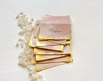 Hand Dyed Place Cards. Dusty Rose and Gold Wedding Escort Cards. Tented Deckled Fine Art Calligraphy Name Cards.